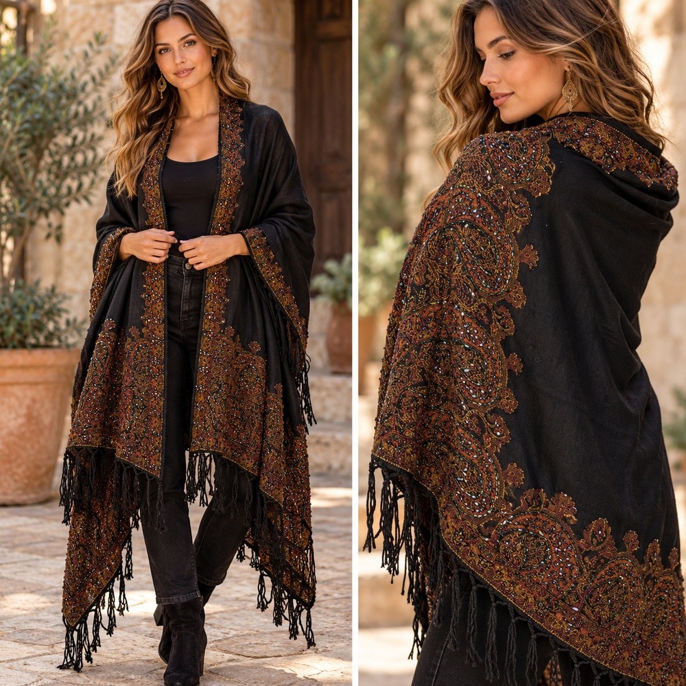 RTM Shawl Black Paisley Beaded Embroidered Jacquard Fringe Wrap Scarf OS 95x43